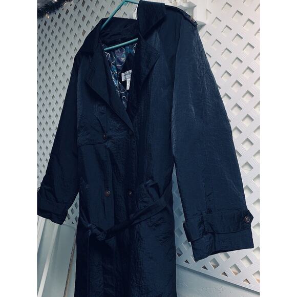 Sz 10 Vtg Maggie Lawrence Long Trench Rain Coat Black Belted Zip Out Lining EUC - Picture 2 of 16